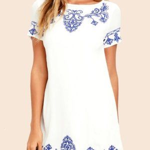 Blue and Ivory Embroidered Shift Dress (Lulu's)
